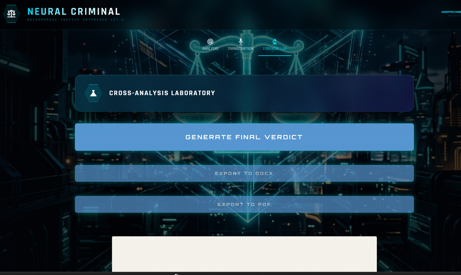 Aba Laboratório Forense do app, com o botão de gerar parecer final e exportação em DOCX e PDF