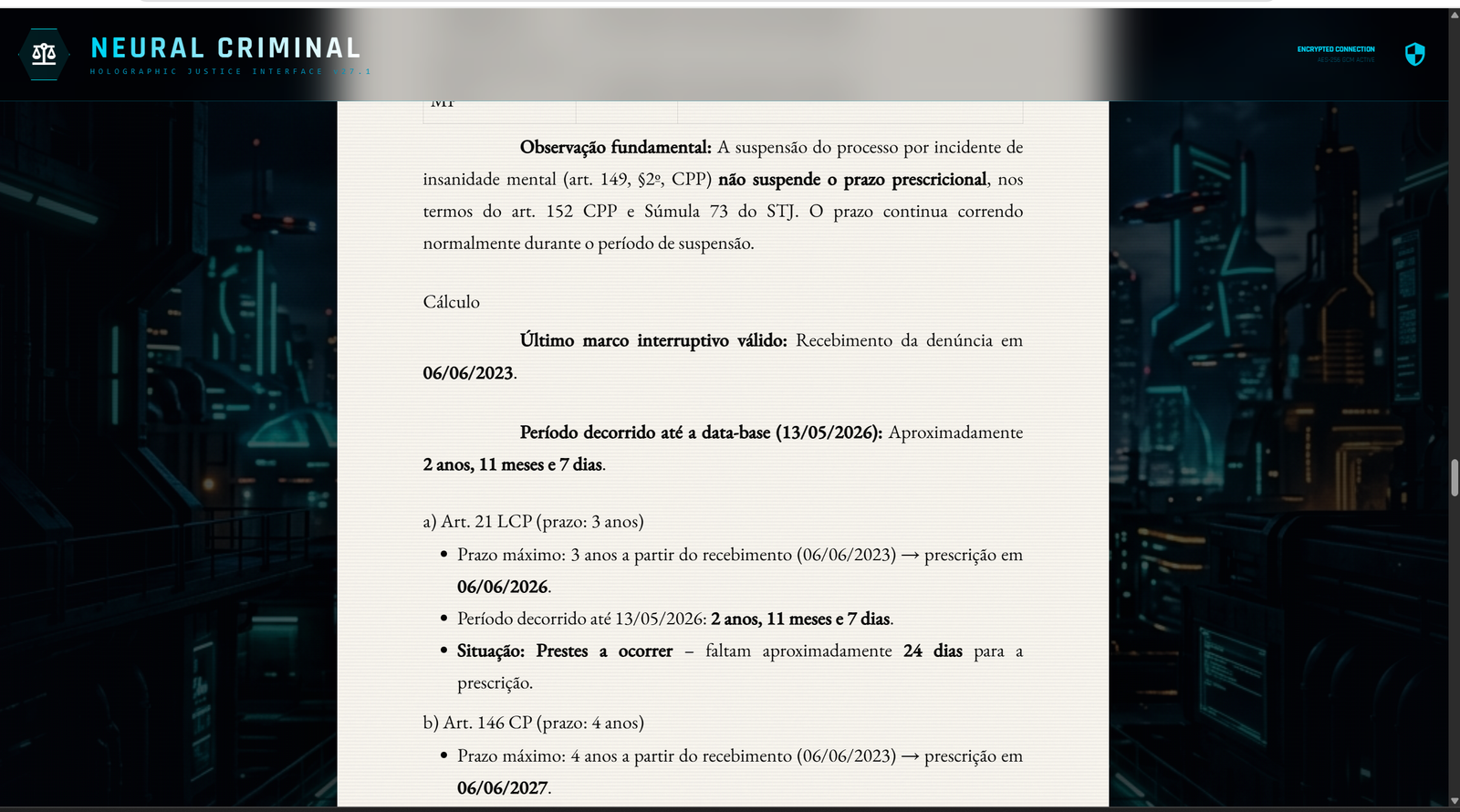 Tabela de prescrição calculada automaticamente pela IA, com prazo do art. 109 CP, data do marco, vencimento e status crime a crime