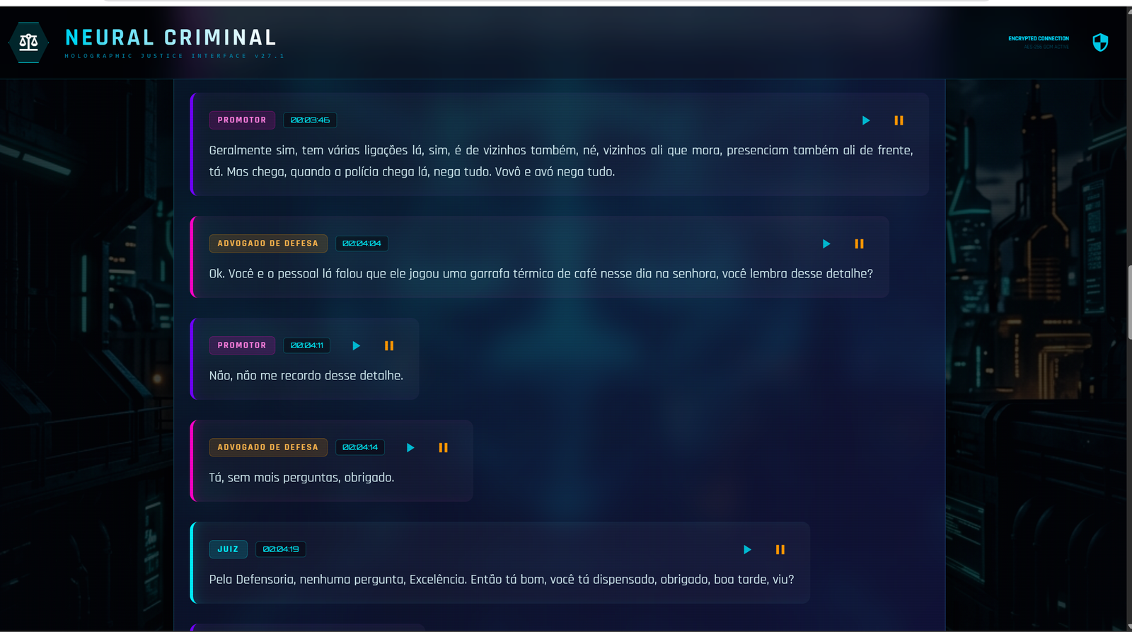 Transcrição de audiência com falas identificadas por papel — Promotor, Advogado de Defesa e Juiz — cada uma com timestamp e player